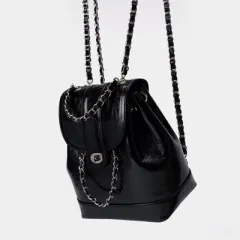 Mini Chain Schoolgirl Oil Wax Leather Backpack - Black - View 1