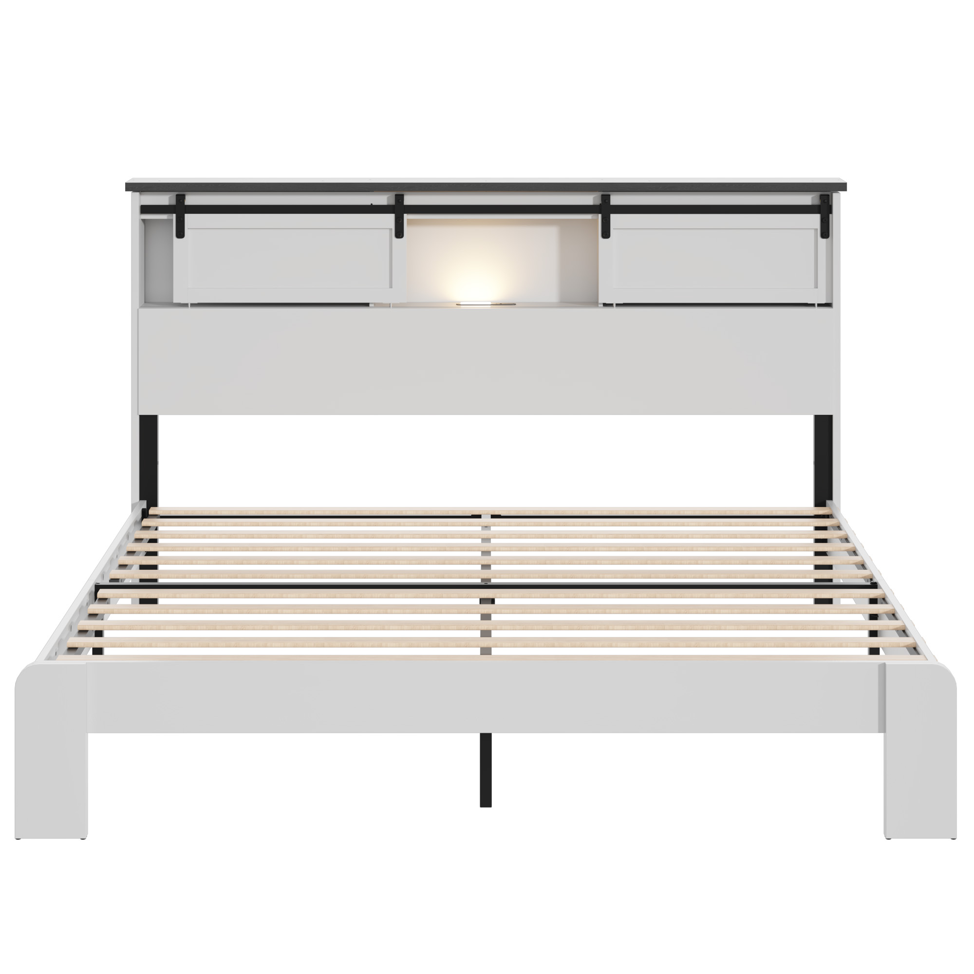 Queen Metal Bed Frame With Charging Station, No Box Spring, White