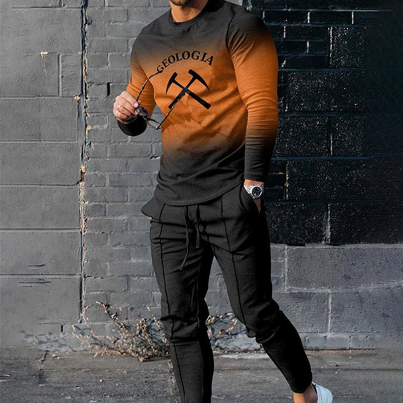 Men's Fashion Casual Round Neck 3D Digital Printing Two-piece Suit