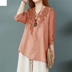 Cotton And Linen Summer Front Short Back Long Embroidered T-shirt Loose Women's Top - Orange - View 1