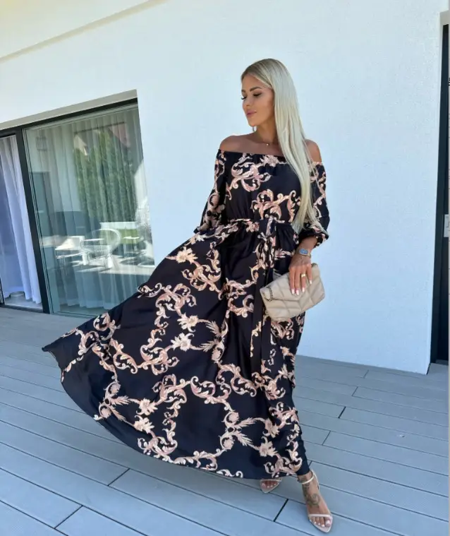 Seaside Holiday Elegant Boat-neck Printed Dress