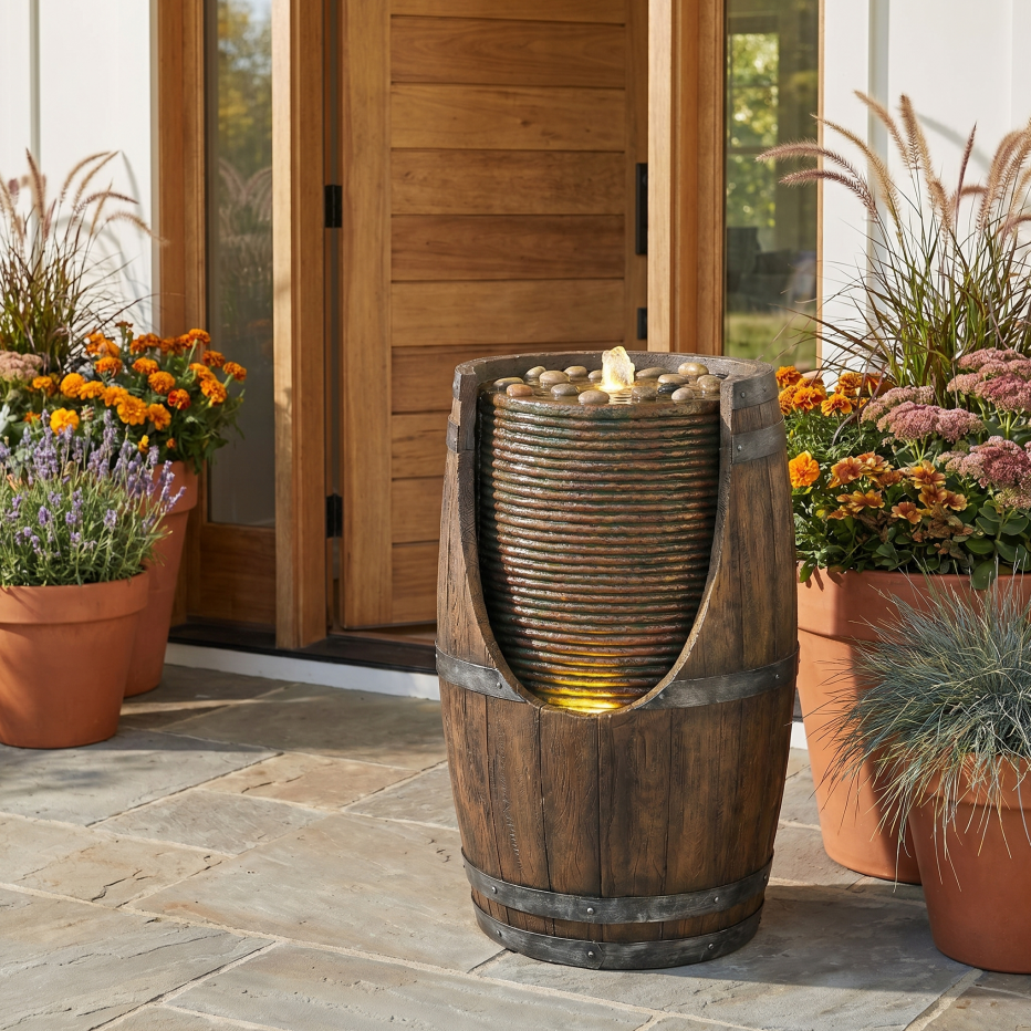 Outdoor Barrel Water Fountain With Lights Rustic Wood Look Resin Handmade Waterfall Garden Decor For Patio Yard Porch — foto 4