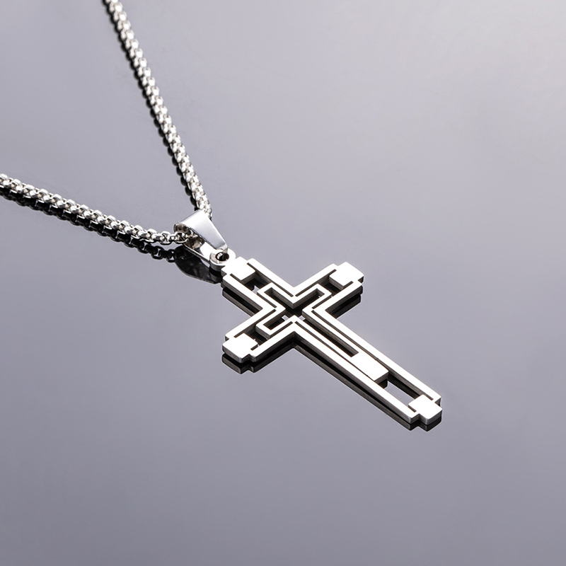 Hip Hop Titanium Steel Hollow Double Cross Pendant Necklace