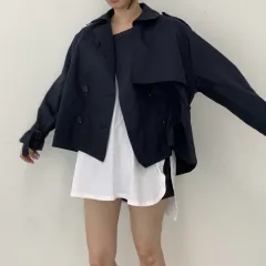 Double-breasted Loose Cropped Long-sleeve Work Trench Coat - Navy - View 1