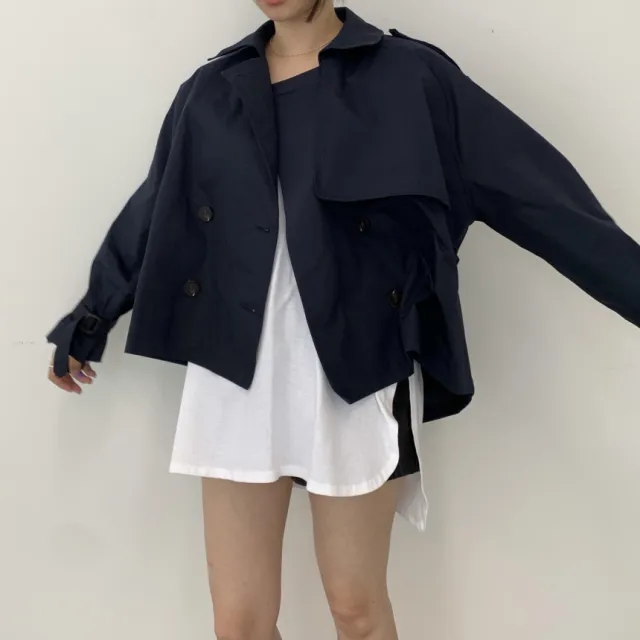 Double breasted Loose Cropped Long sleeve Work Trench Coat Navy - Shop at LoveMi