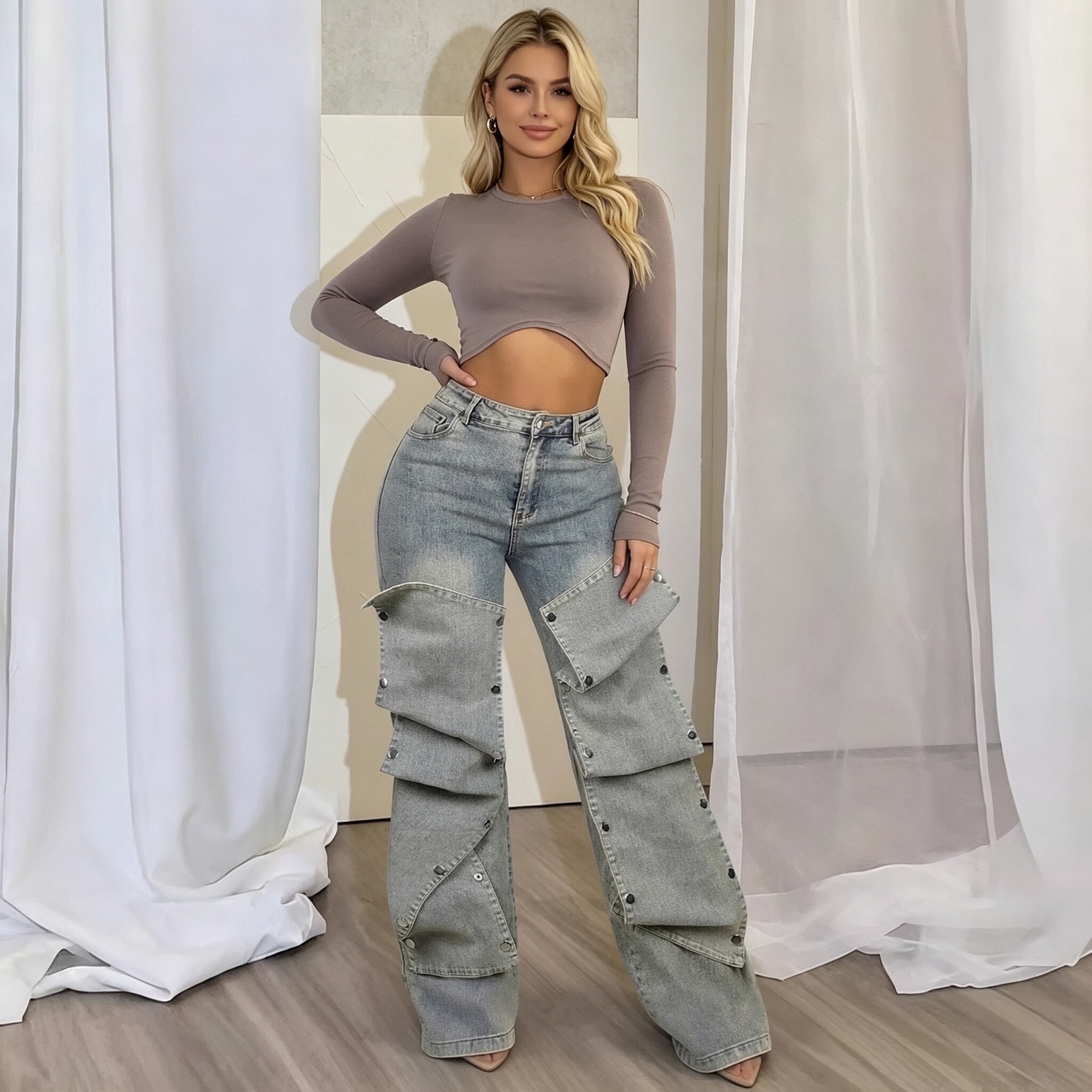 Jeans cargo à empiècements superposés femme - Pantalon en jean gris à jambes larges - Inventaire local américain