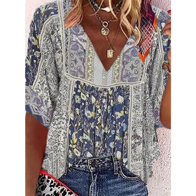 European And American Women's New Printed V neck Loose T shirt Grey - Shop at LoveMi