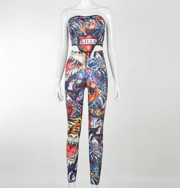 Fashion Halter Inverted Triangle Wrap Chest Trousers Animal Print Suit Blue - Shop at LoveMi