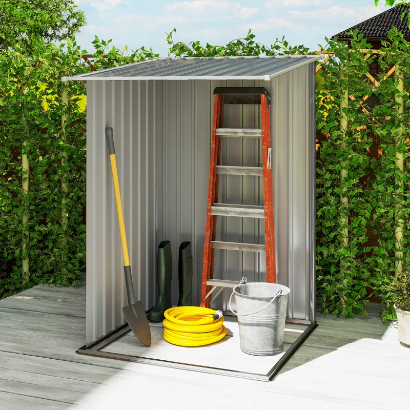 Lean-to Garden Storage Shed, Galvanized Steel Tool House With Lockable Door For Patio, Gray