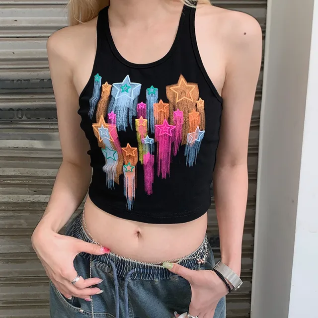 Hip hop Wind Graffiti Meteor Flashing Colorful Print Small Tank Top Y shaped Metal Buckle Digging Shoulder Suspenders Bottoming Underwear Female ... Black - Shop at LoveMi