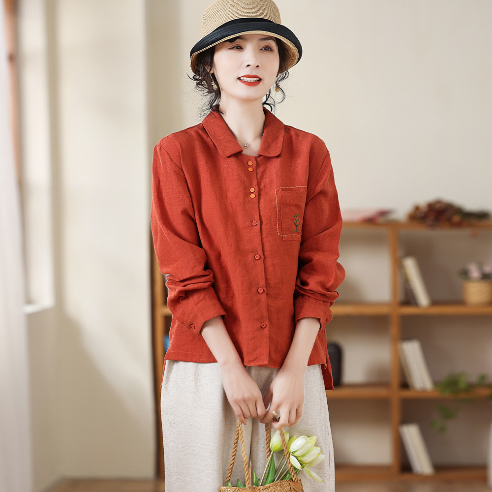 Lapel Ladies Cotton Linen Shirt
