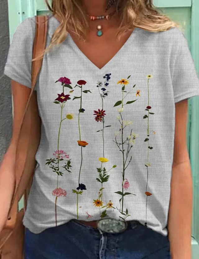 Printed Short sleeved V neck Loose fit Women's T shirt Grey - Shop at LoveMi