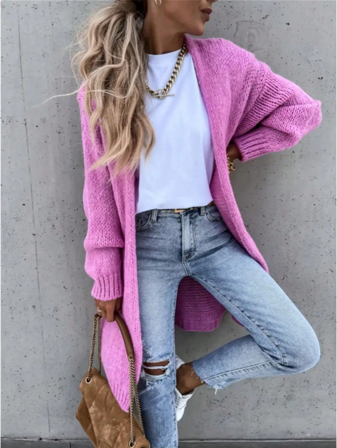 Women Solid Color Long Sleeve Casual Open Front Knit Cardigan