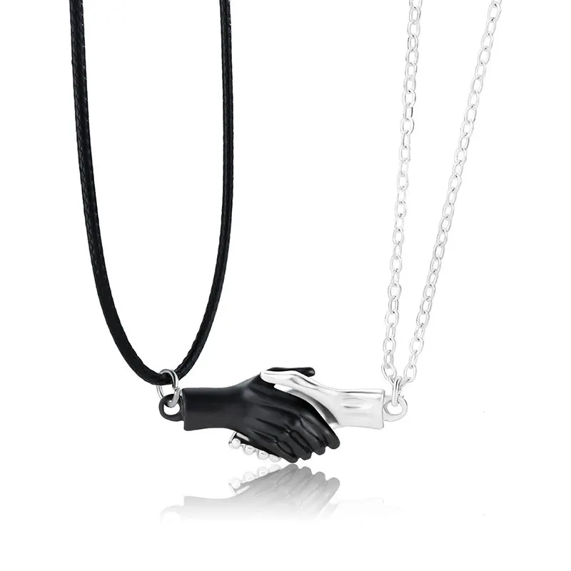 Palm Couple Necklace Magnet Attracts Handshake Clavicle Chain Necklace - Black Silver