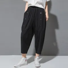 Lun Trousers Women Elastic Waist Loose Large Size - Black - View 1