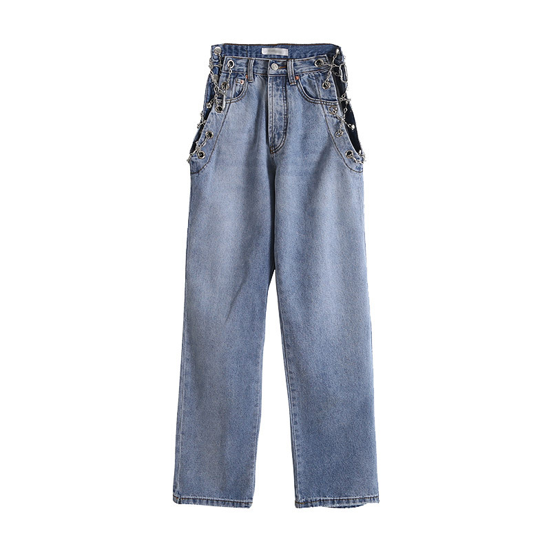 Metal Chain Cutout Design High Waist Jeans Sexy Straight Pants Blue - Shop at LoveMi