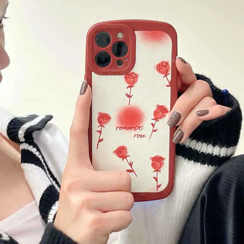 Simple Wine Red Rose Phone Case With Leather