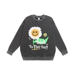 European And American Sunflower Foam Print Plus Velvet Round Neck Sweater - Black - View 1
