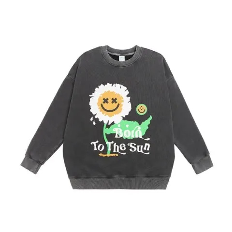 European And American Sunflower Foam Print Plus Velvet Round Neck Sweater Black - Shop at LoveMi