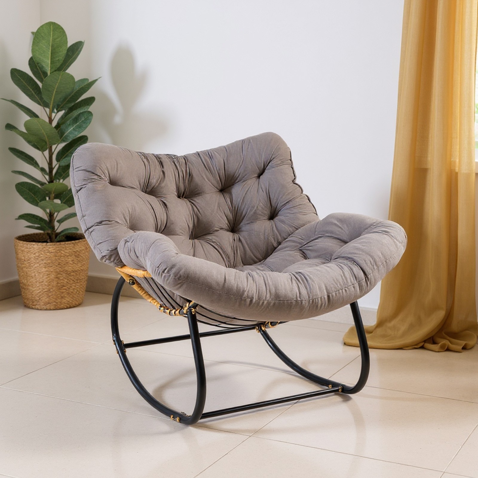 Garden Rocking Chair - Rattan Wicker Egg Cushioned Seat With Metal Frame