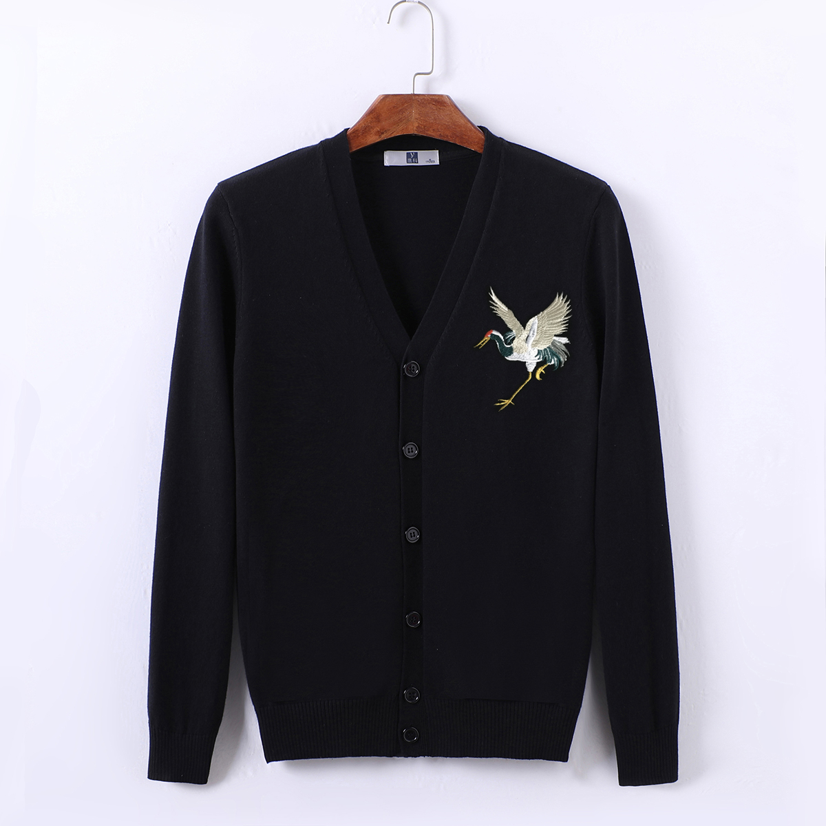 Chinese Style Crane Embroidery Knit Thin Cardigan Men'S Sweater V-Neck Top