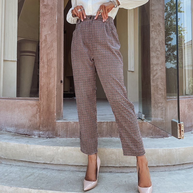 Title 3, New High-waist Plaid Pocket Cropped Trousers