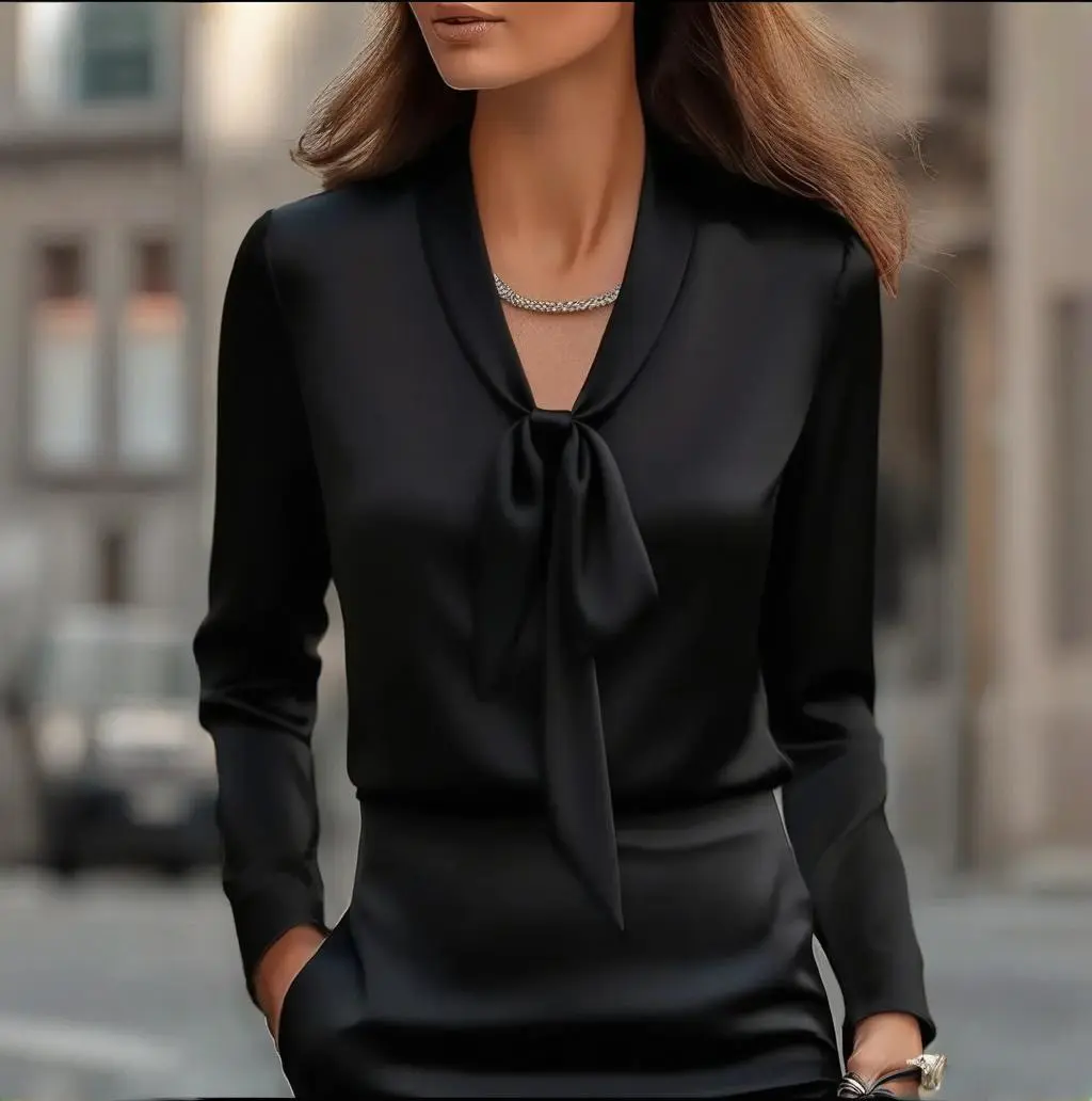 Women's Elegant Blouse With Ribbon Detail, Long Sleeve Dressy Top For Business Casual Office - Black