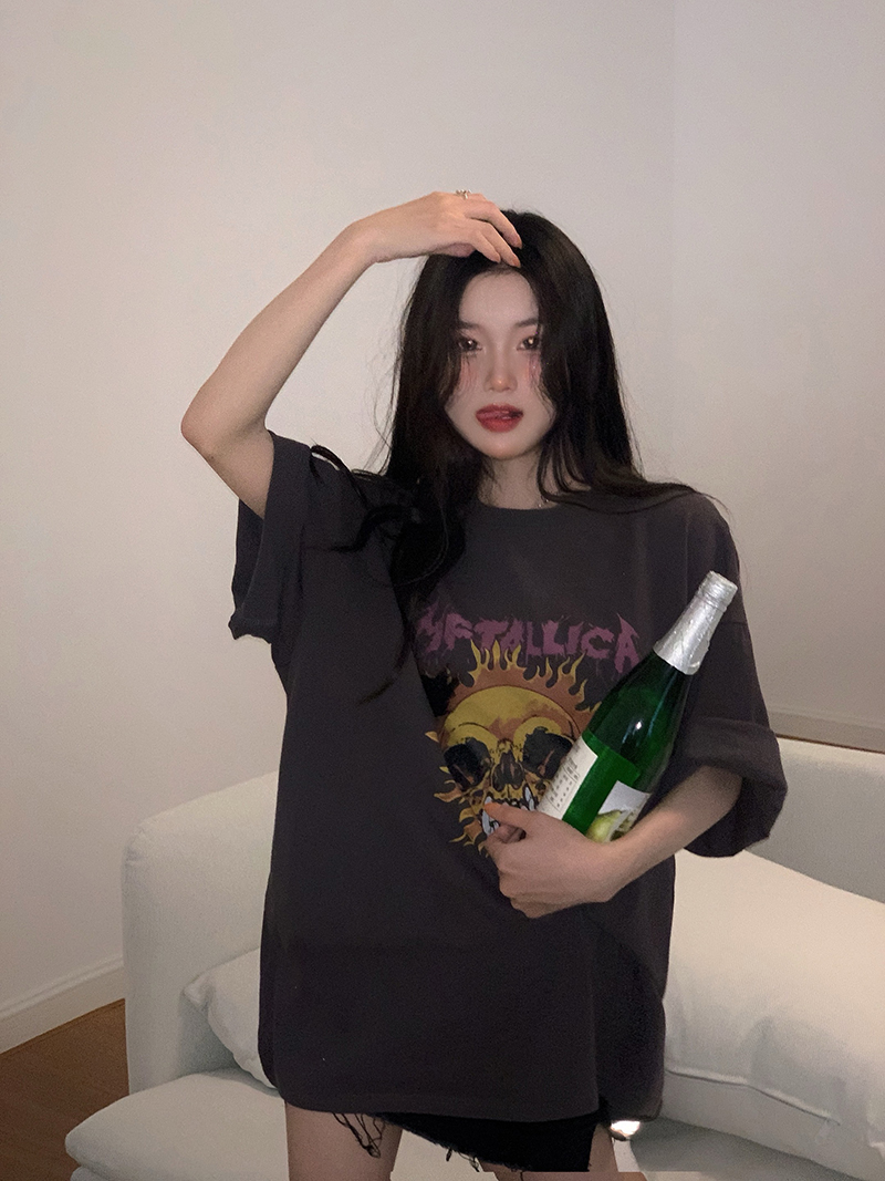 Half-sleeved T-shirt Women Wind Printing Loose Gray Short-sleeved Top