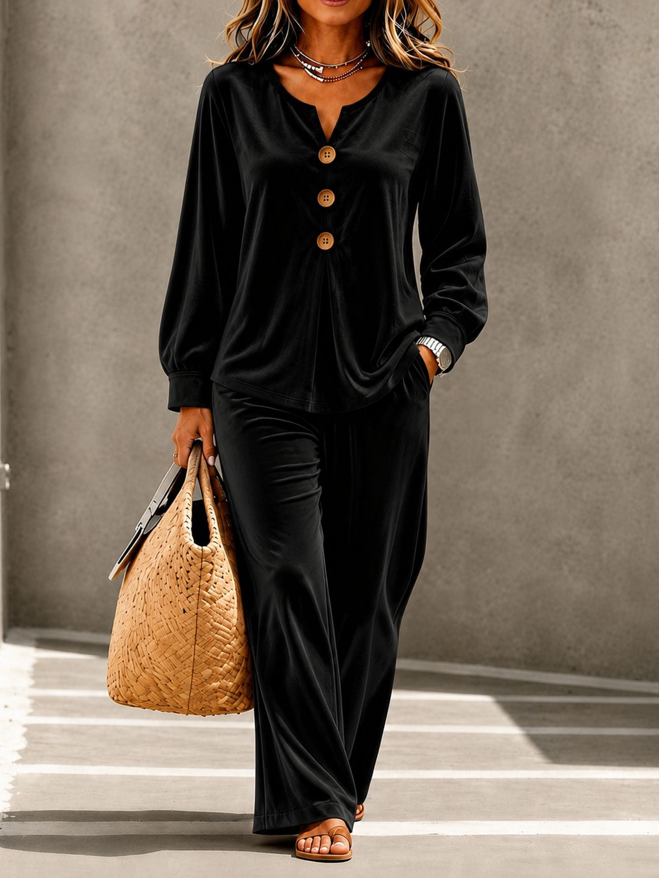 Women's Elegant Velvet Two Piece Outfit Long Sleeve Button V-Neck Top And Wide Leg Pants Casual Loungewear Set 3