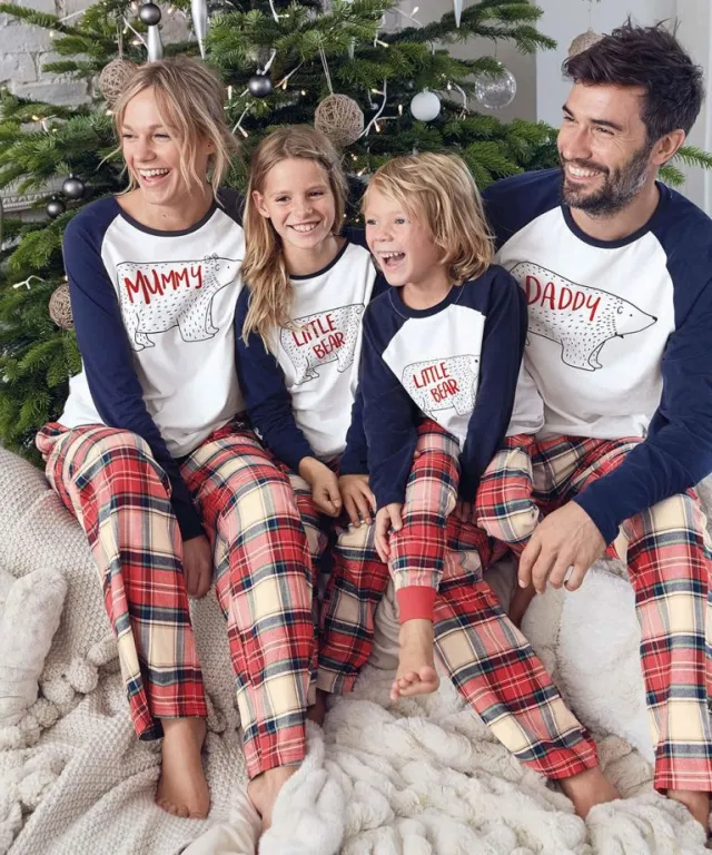 New Home Service Parent child Suit Christmas Bear Pajamas Print White - Shop at LoveMi
