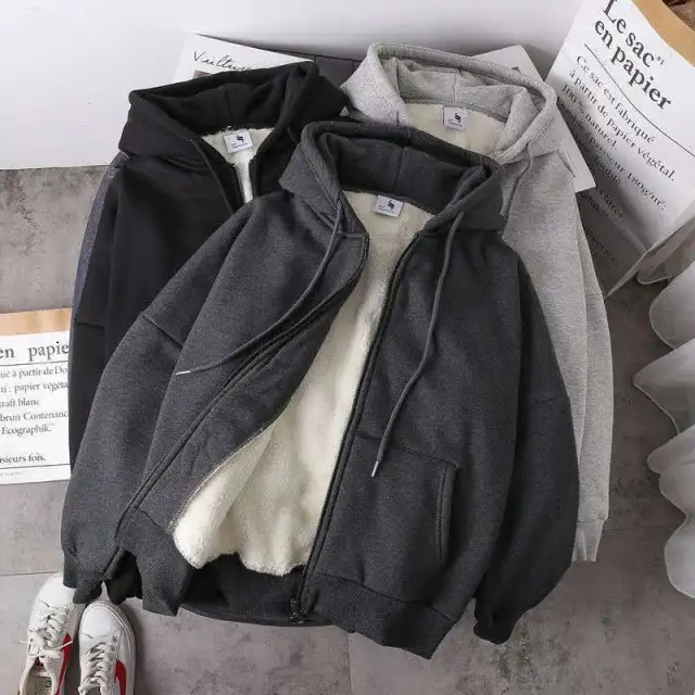 Women's Lamb Wool Loose Plus Velvet Thick Hooded Sweater Dark Grey - Shop at LoveMi