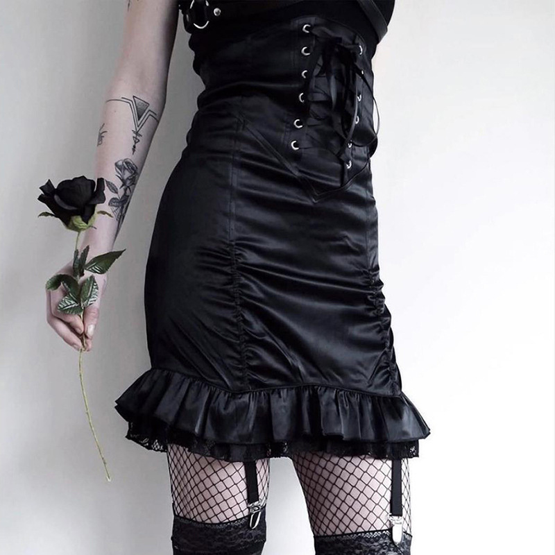 European And American Stitching Lacetrimmed Highwaisted Skirt