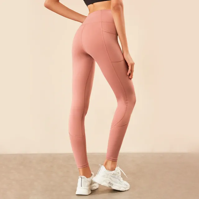 Large Size Double sided Nylon High Waist Yoga Pants With Stitching Pockets Pink - Shop at LoveMi