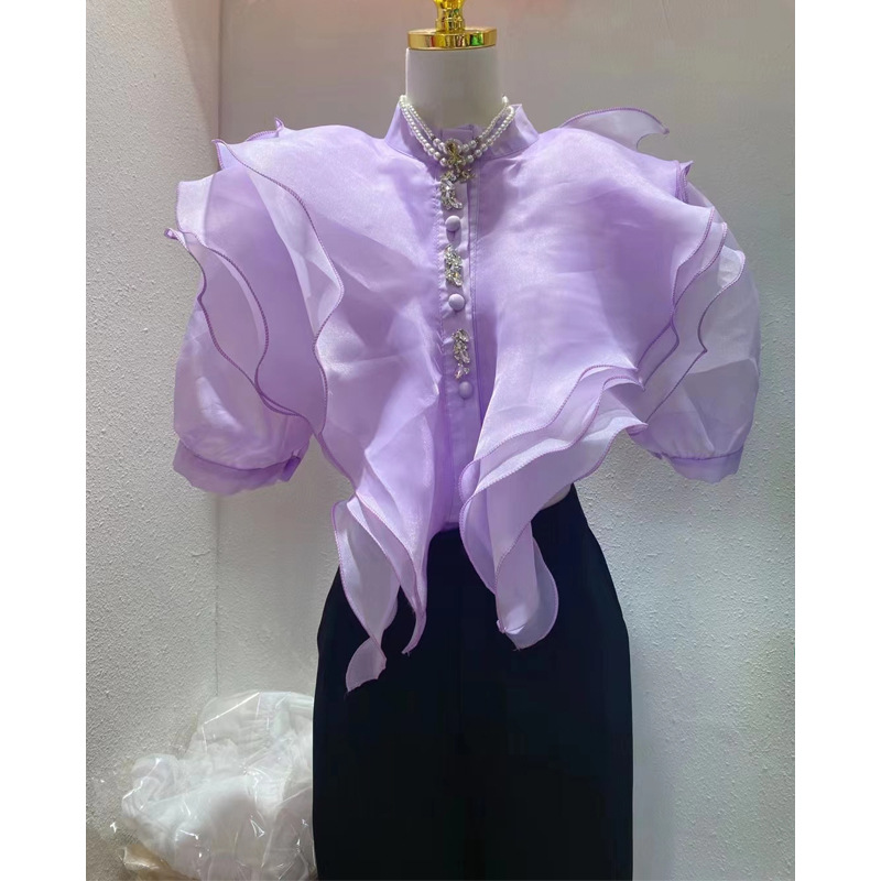 Title 3, Camisa de organza con volantes Mujer Manga abul...