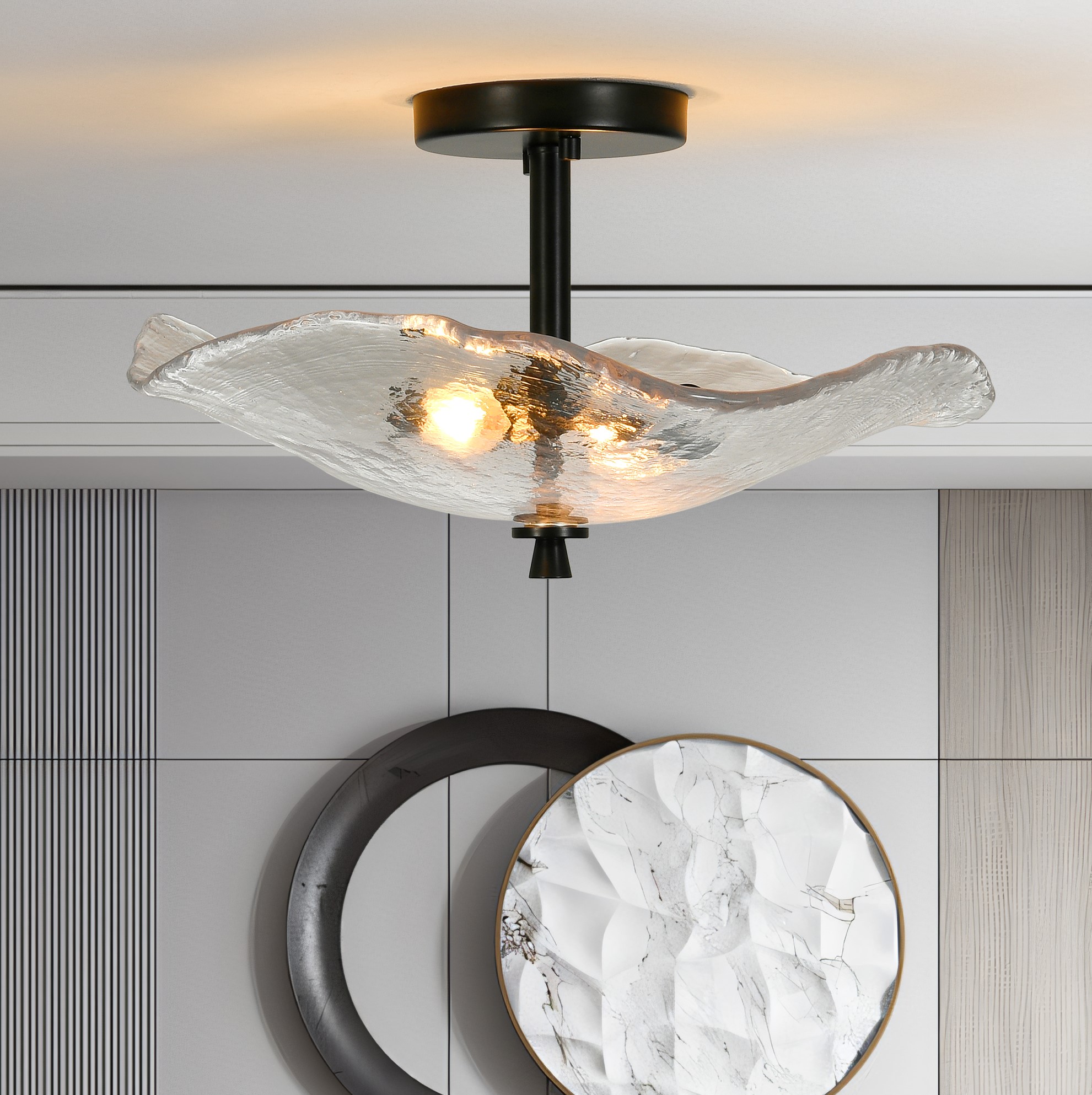 Ceiling Light Fixtures Flush Mount Indoor Outdoor Ceiling Light With Water Ripple Glass Shade For Hallway Kitchen Bedroom Porch Living Room Black
