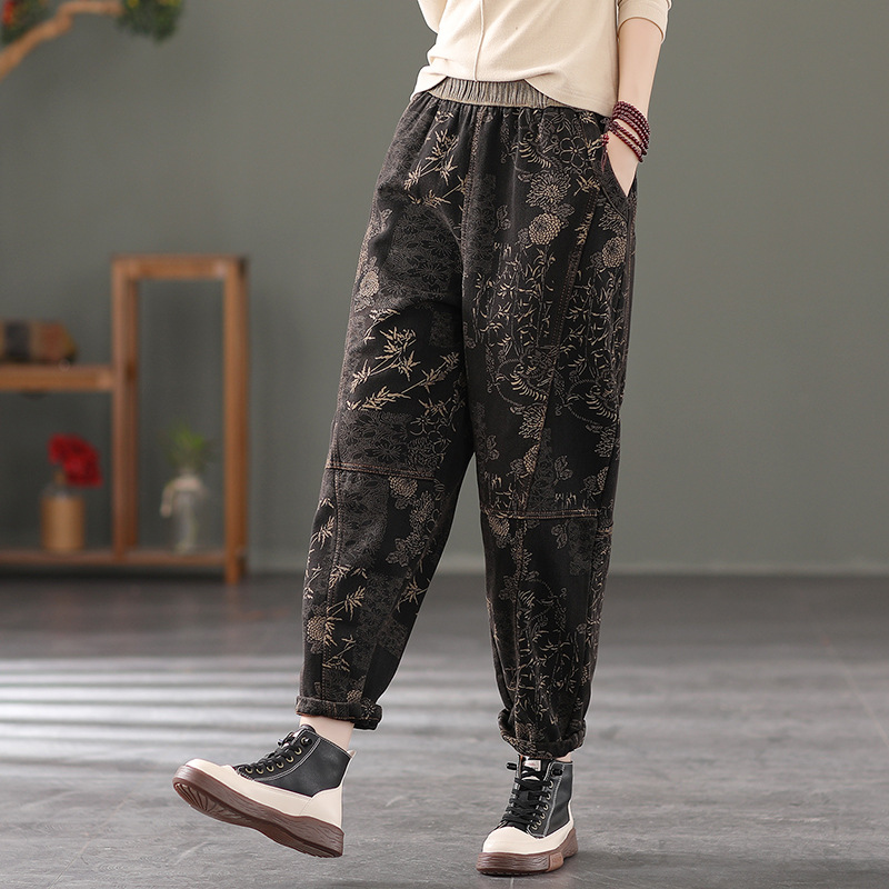 Women's Vintage Print Fleece Thickened Harem Jeans