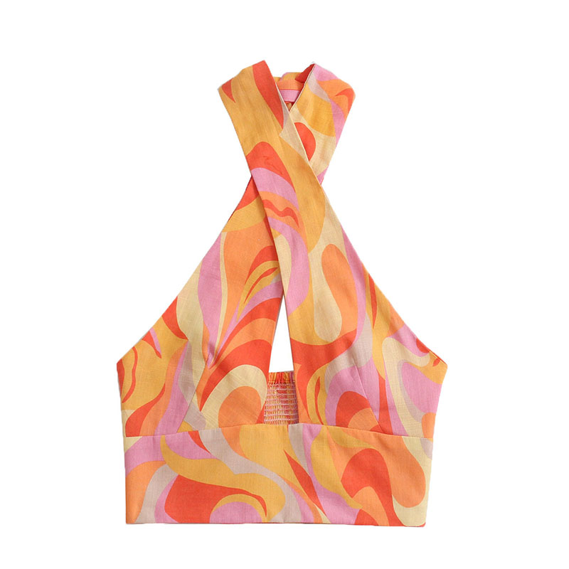 Cross Halterneck Printed Linen Blouse