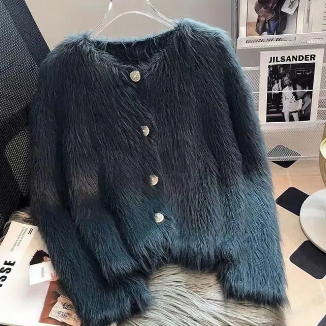 Women's Faux Mink Velvet Knit Cardigan Sweater Coat, Thickened For Autumn And Winter , New Short European Style, Soft And Plush Black - Shop at LoveMi