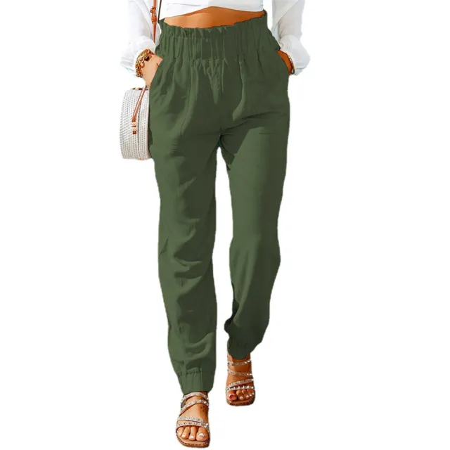New Casual Pants European And American Ruffled Elastic Belt High Waist Trousers Army Green - Shop at LoveMi