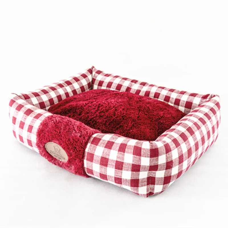 Home Fabric Plaid Square Cat Nest - Wine Red
