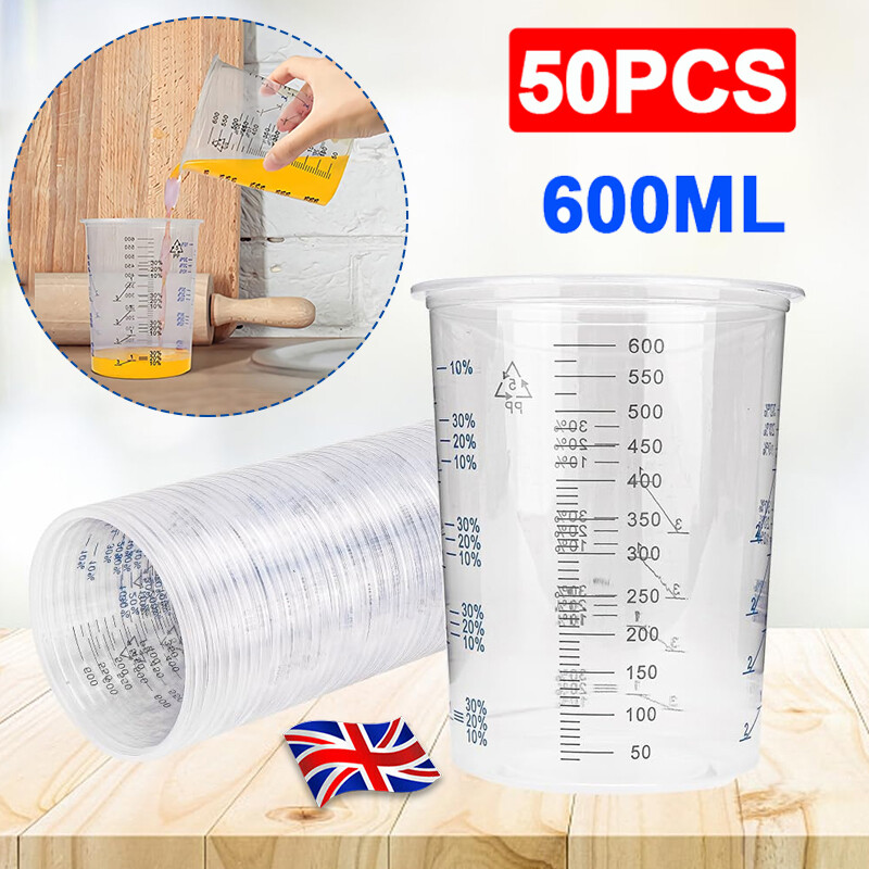 50X Clear Paint Plastic Mixing Cups 600CC Calibrated Measuring Polypropylene New