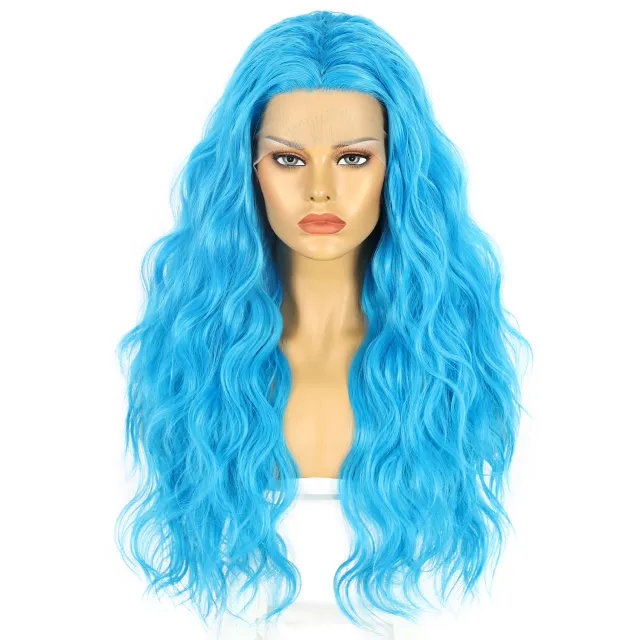 Wig Ladies Long Curly Hair Synthetic Front Lace Wig Headgear Blue - Shop at LoveMi