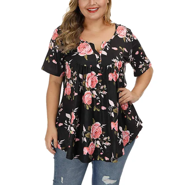 New Ladies V Neck Button Plus Size Printed Short Sleeve Top Black Pink Flower - Shop at LoveMi