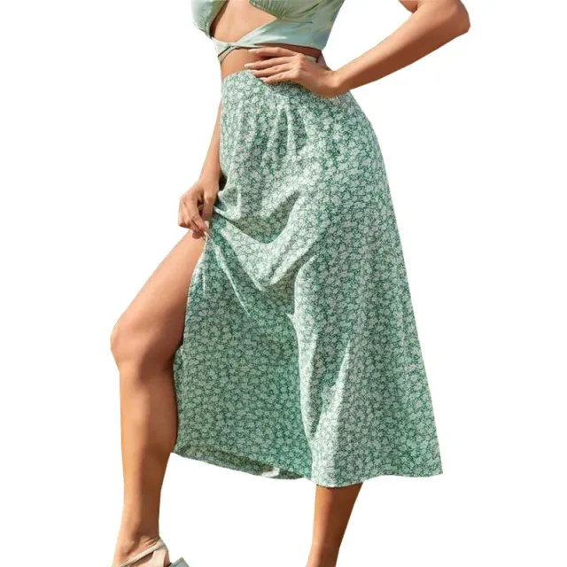 Women's Floral Split A line Bag Hip Mid waist Long Skirt Green - Shop at LoveMi