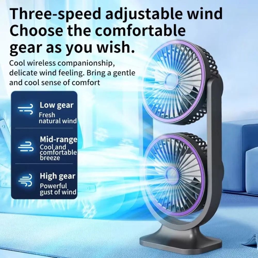 5 Gear Dual-Head Desktop Fan USB Rechargeable Low Noise Double Head Desk Fan Night Light Independent Control — foto 5