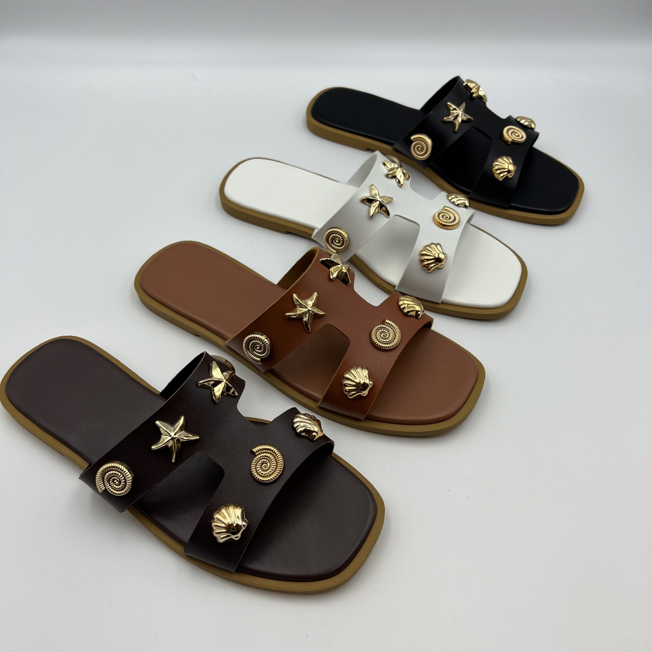 Women Nautical Slide Sandals, Retro Square Toe Double Strap Flat Slippers With Metal Starfish & Shell Decor, Summer Beach Outdoor Slides