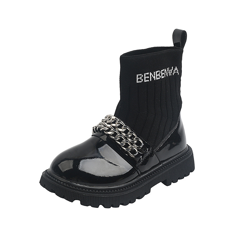 Girls' Chain Short Patent Leather Western Style Martin Boots