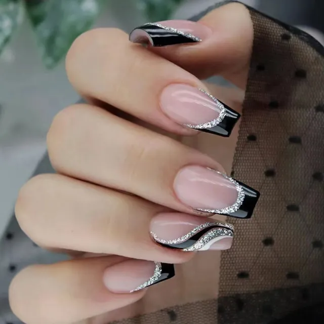 Mid length Square Black Glitter French Nail Sticker - Shop at LoveMi