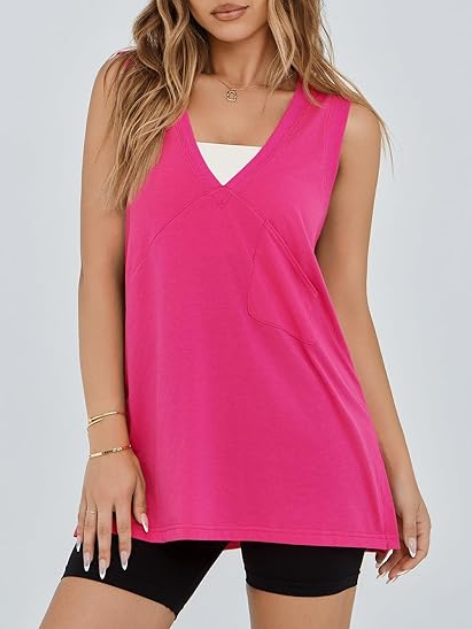 Breathable womens summer workout tank with side slit and chest pocket