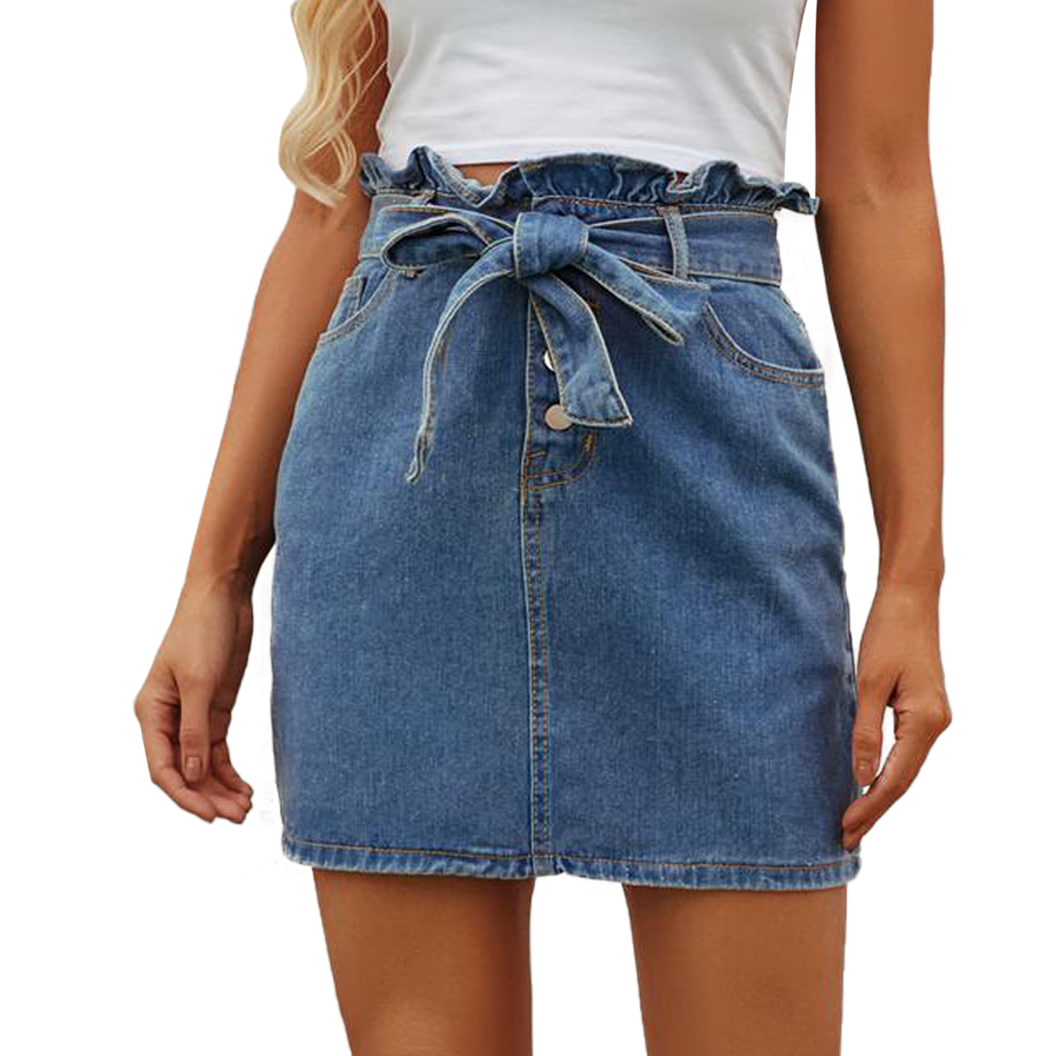 Ruffled High Waist Plus Size Denim Skirt